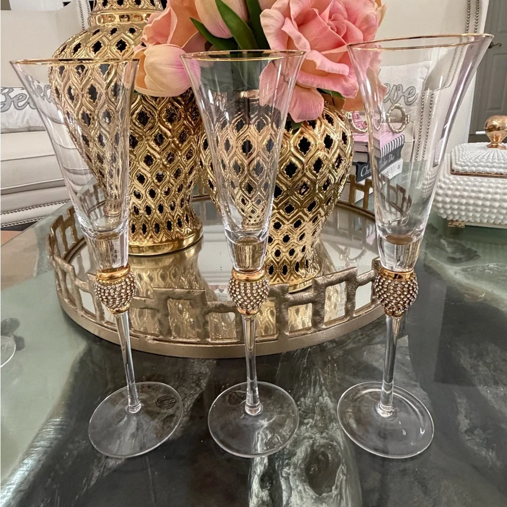 Set of 3 Z Gallerie Elegant Gold and Clear Champagne Flutes